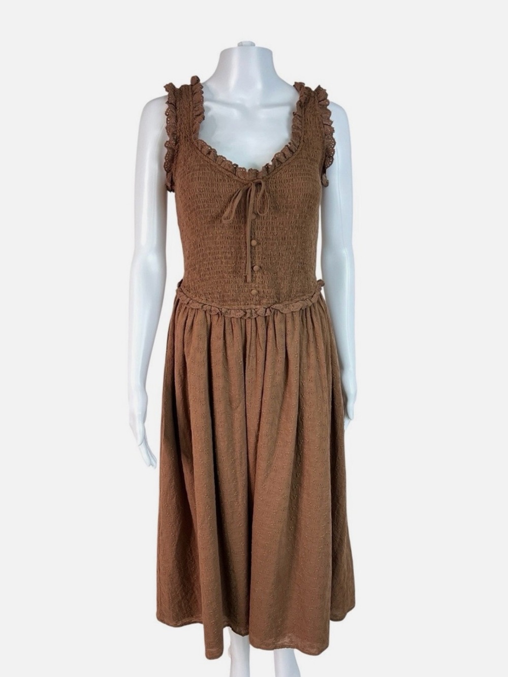 Moon River Cotton Brown Smocked Midi Dress with Tie Front